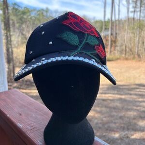 Black Cap with Red Rose Embroidery